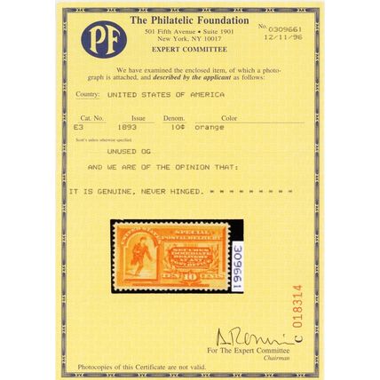 E3, Mint XF NH 10¢ With PFC Certificate - RARE - Stuart Katz