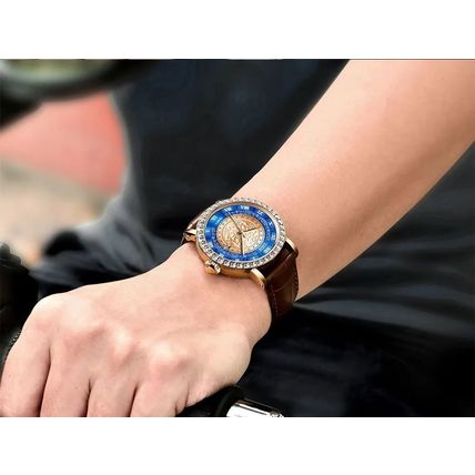 Gents Blue & Gold Face Date Crystal Bezel Brown Leather Strap Watch Boxed