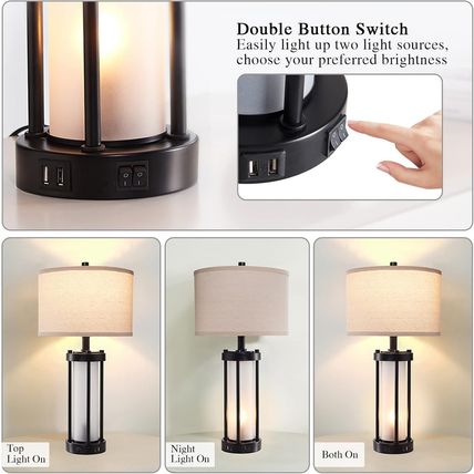 RORIA Set of 2 Modern Table Lamps for Living Room with 2 USB Ports, White Froste