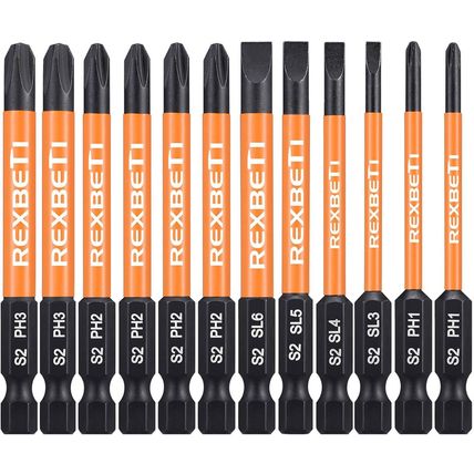 REXBETI 12 Piece Slotted Phillips Screwdriver Bit Set, 1/4 Inch Hex Shank S2 Ste