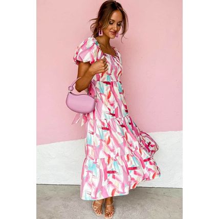 Pink Brush Stroke Printed Smocked Ruffle Tiered Dress