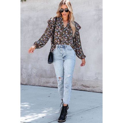 Floral Print Ruffled Bubble Sleeve Shirt