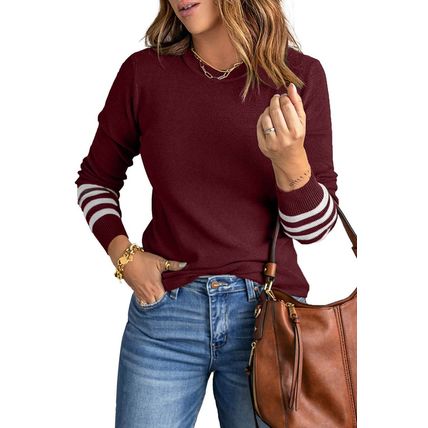Red Striped Sleeve Plain Knit Sweater