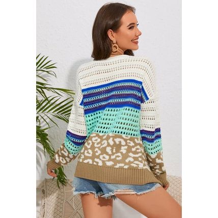 Multicolor Leopard Striped Mix Pattern Knit Crochet Sweater