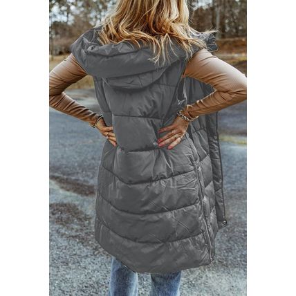 Dark Grey Hooded Long Quilted Vest Coat