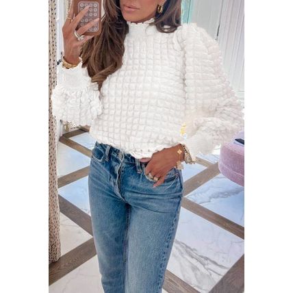 White Textured Smocked Mock Neck Puff Sleeve Blouse