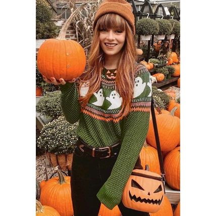 Jungle Green Halloween Ghost Pattern Drop Shoulder Sweater