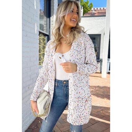 White Confetti Rib Knit Long Sleeve Cardigan