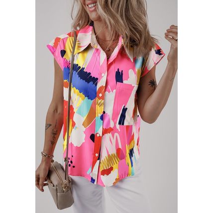 Multicolour Abstract Print Collared Cap Sleeve Casual Shirt