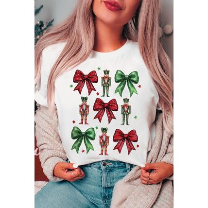 White Bowknot Nutcracker Printed Crewneck Christmas T Shirt