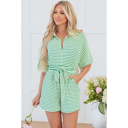 Green Stripe Textured Short Sleeve Collared Buttoned Waist Tie Romper