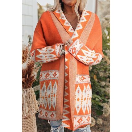 Orange Printed Aztec Print Open Front Knitted Cardigan