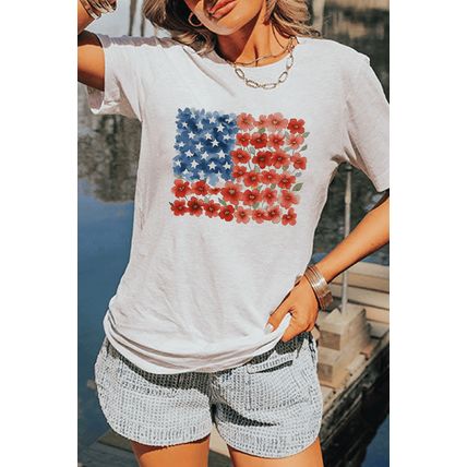 White Star Floral American Flag Printed T Shirt