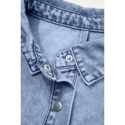 Beau Blue Double Ruffled Sleeves Buttoned A-line Collared Mini Denim Dress