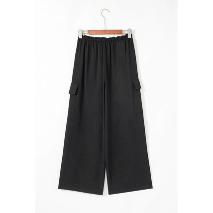 Black Drawstring Frilled Waist Wide Leg Utility Trousers