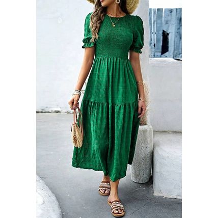 Dark Green Solid Textured Smocked Puff Short Sleeve High Waist Long Dress