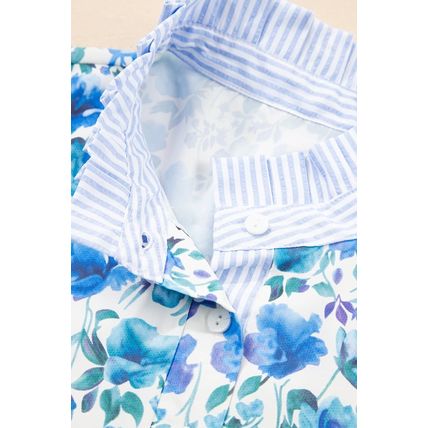 Sky Blue Floral Print Striped Patchwork Collared Short Sleeve Blouse