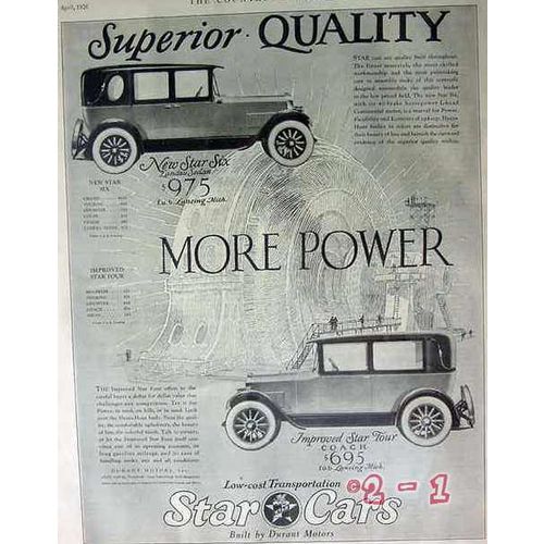 DURANT MOTORS 1926 Star Cars superior quality more power vintage ad
