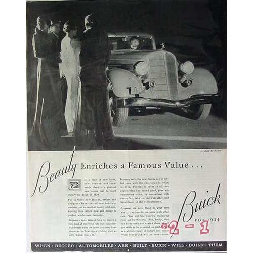 BUICK 1934 Flint MI beauty enriches famous value motor car vintage ad