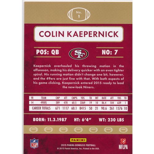 2015 Donruss Football 1 Colin Kaepernick San Francisco 49ers
