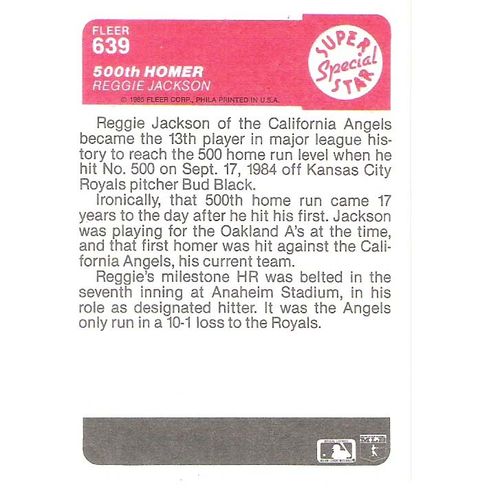 1985 Fleer baseball Reggie Jackson 500th Homer card #639 - NM- HOF-Angels