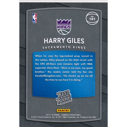 2017-18 Donruss Rated Rookie 181 Harry Giles RC Sacramento Kings