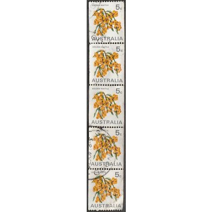 Australia 1970-75 5c Value. Golden Wattle, Strip of Five Coil Stamps. Fine Used