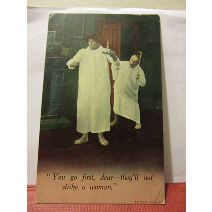 THEY'LL NOT STRIKE A WOMAN BAMFORTH No 1867 humour antique postcard 1911 pm /