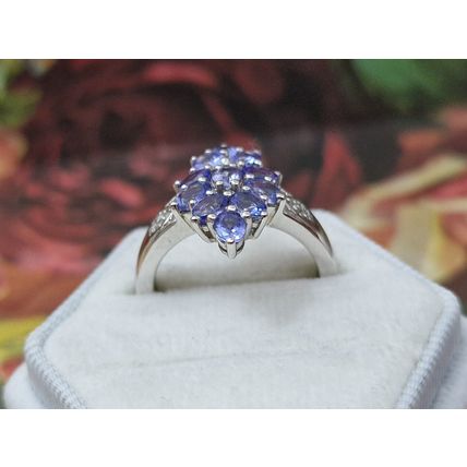 Natural Tanzanite Zircon Rhombus Cluster Ring Sz P½ Platinum Overlay 925 Silver