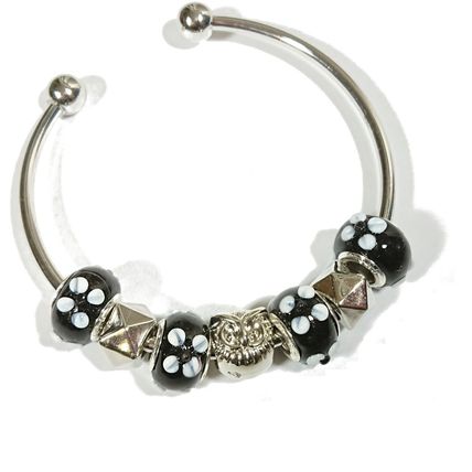 Silver Bracelet Bangle - Dolphin Owl Cat Charm Black Orange Green Blue Beads