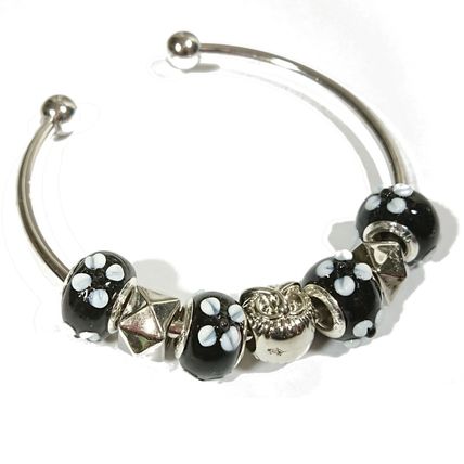 Silver Bracelet Bangle - Dolphin Owl Cat Charm Black Orange Green Blue Beads