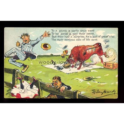 su3789 - Bull stops a Pic-nic & Poem , Artist - Dudley Hardy R.I. - postcard