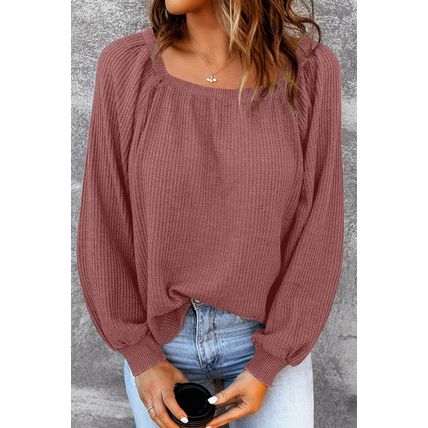 Square Neck Puff Sleeve Waffle Knit Top