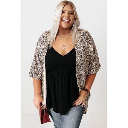 Khaki Plus Size Leopard Print Half Sleeve Open Front Cardigan
