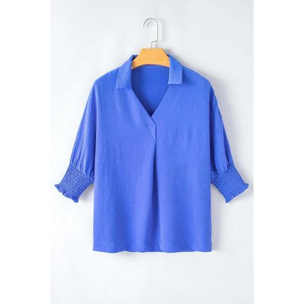 Dark Blue Boxy Collared Smocked Sleeve Cuffs Blouse