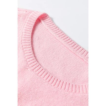 Pink Knitted Flower Pattern Ribbed Edge Sweater