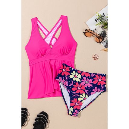Rose V Neck Ruffled Hem Floral Bottom Tankini Set