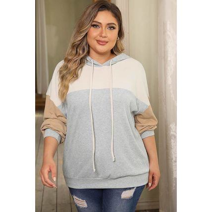 Multicolour Plus Size Colorblock Drop Shoulder Ribbed Knit Hoodie