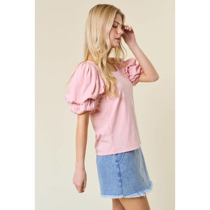 Light Pink Scoop Neck Bubble Sleeve Tee