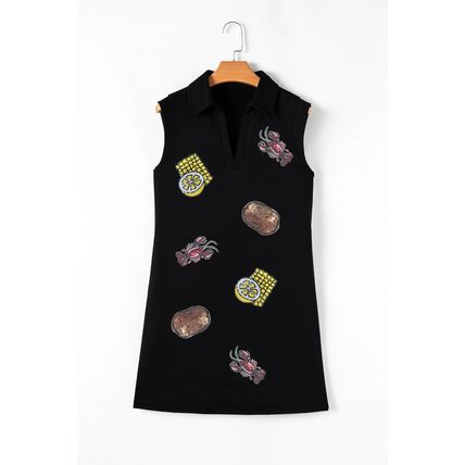 Black Sequin Patched V Neck Collared Mini Dress