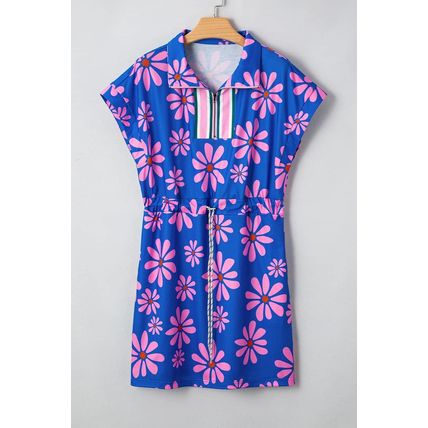 Purple Floral Striped Quarter Zip Cap Sleeve Drawstring Waist Mini Dress
