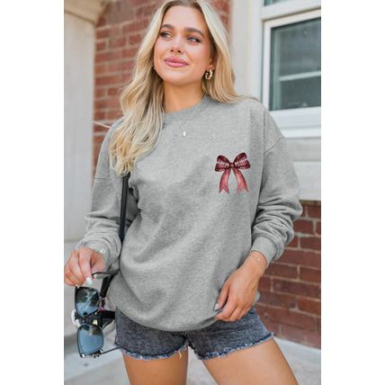 Gray Football Bow Print Drop Shoulder Pullover Sweatshirt