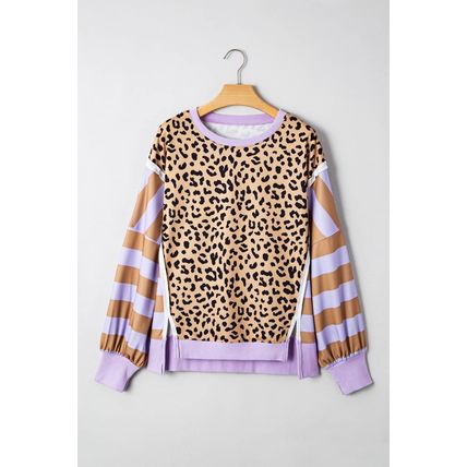 Purple Stripe Color Block Patchwork Leopard Casual Sweatshirt with Slits