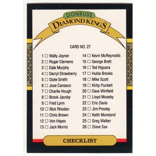 1987 Donruss Baseball Checklist unmarked card #27