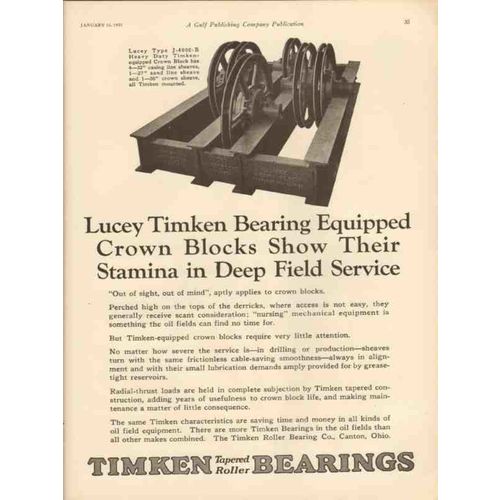 TIMKEN ROLLER BEARING COMPANY 1931 equipped crown blocks vintage ad