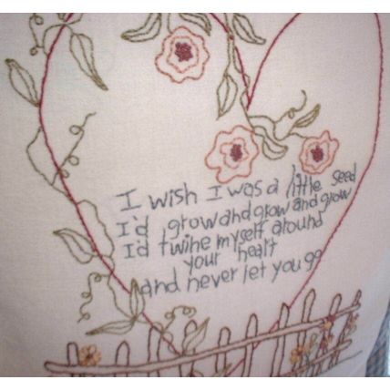 Hand Embroidered Folkart Pillow, Fenced Flower Embellished Heart & Love Verse