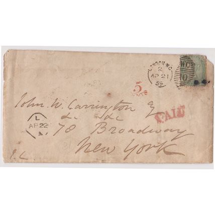 GB 1859 cover London to New York with 1s green unchecked & 5 cents paid slogan