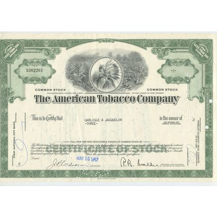 The American Tobacco Company 3 Shares 1967 Stock/Share Certificate Carlisle