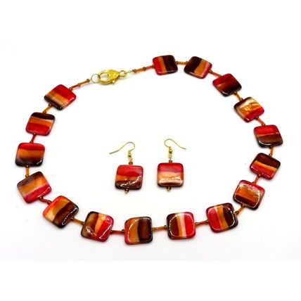 Orange, Red & Brown Shell Necklace & Drop Earring Set Handmade Gift Christmas