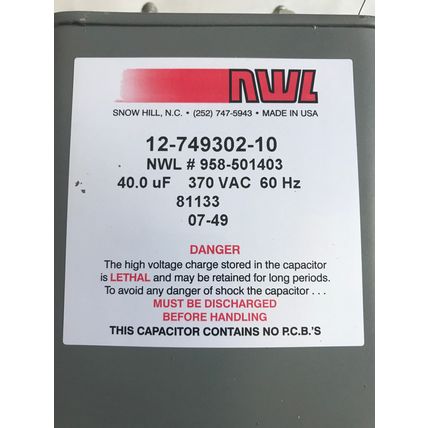 EMERSON ELECTRIC 12-749302-10 NWL,PAPER CAPACITOR,40uF 370VAC 60HZ 958-501403,ER